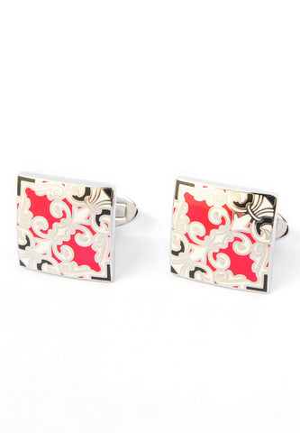 Rhodium Plated Red Ste High end Enamelled Cufflinks with Fancy Fittings