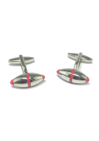 Red Outline Silver Rugby Ball Cufflinks