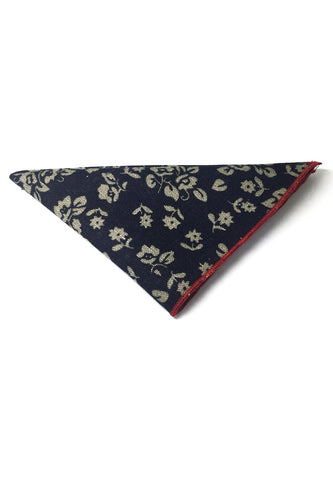 Posy Series Beige Floral Pattern Navy Blue Cotton Pocket Square